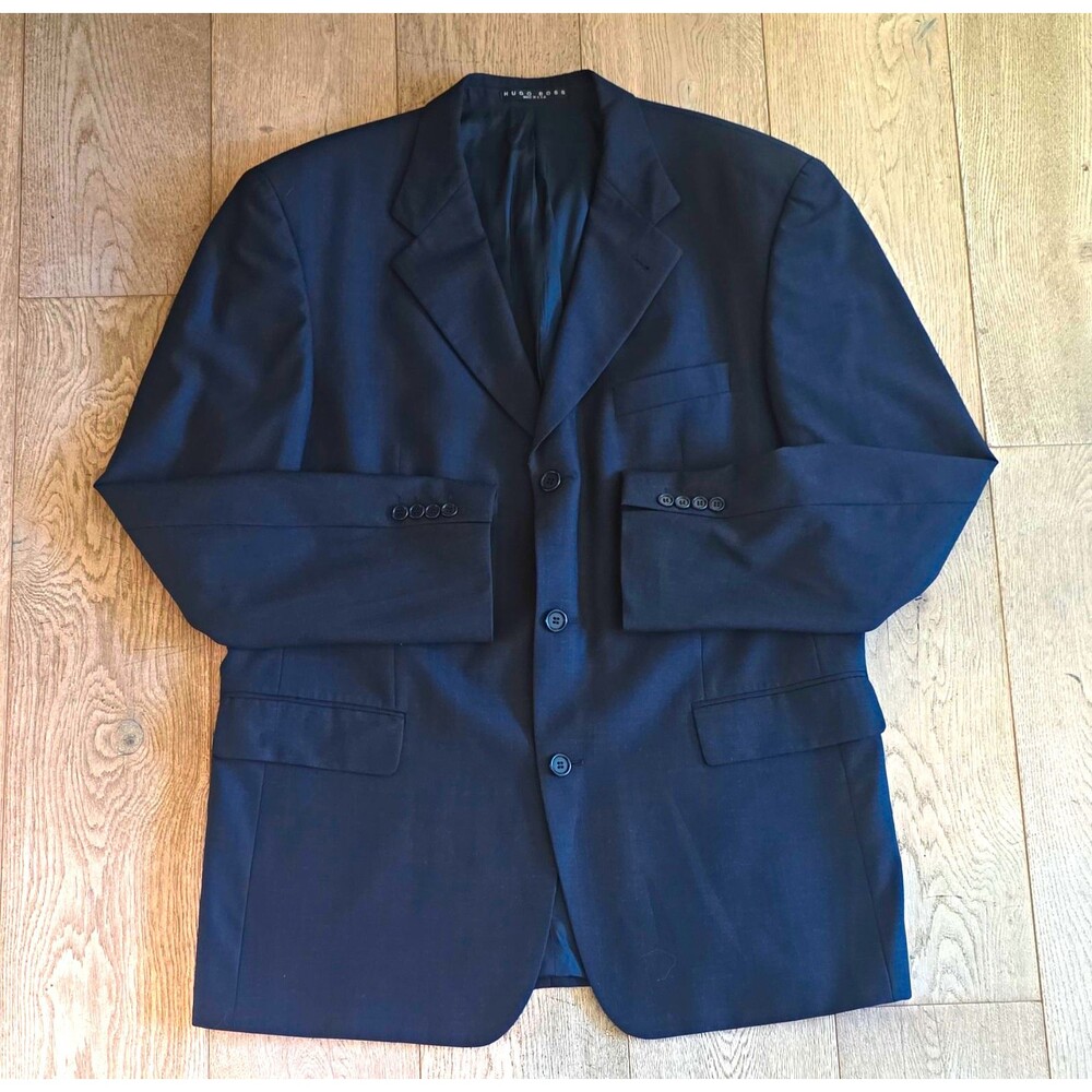HUGO BOSS Navy Wool Suit 46R Mens Single Breasted 3-Button 31x31